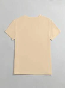 T-shirt simple à manches courtes col V imprimé lettres, décontracté pour femmes