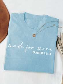 SHEIN EZwear Camiseta de manga corta con cuello redondo y estampado de lema cristiano, con corte holgado para mujeres