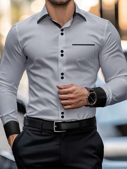 Manfinity Mode Camisa casual de hombre con bloques de color y parches, para el otoño