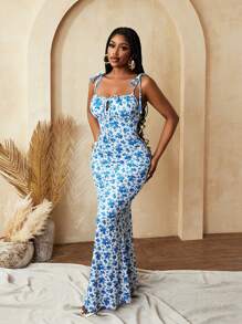 BamGleam 女士花卉印花紧身性感时尚优雅派对度假节夏季连衣裙 - 藍色 - 查看 6