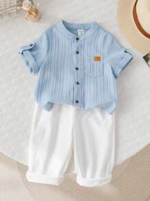 SHEIN LMoss Kids 2 件套男童/女童休闲度假可爱纯色简约短袖衬衫上衣和松紧腰纯色裤子套装，春夏秋季 - 藍白色 - 查看 5