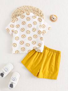 Cozy Pixies 2pcs Baby Boy Contrast Color 2 In 1 Shirt Collar Short Sleeve Top And Elastic Waist Shorts Set