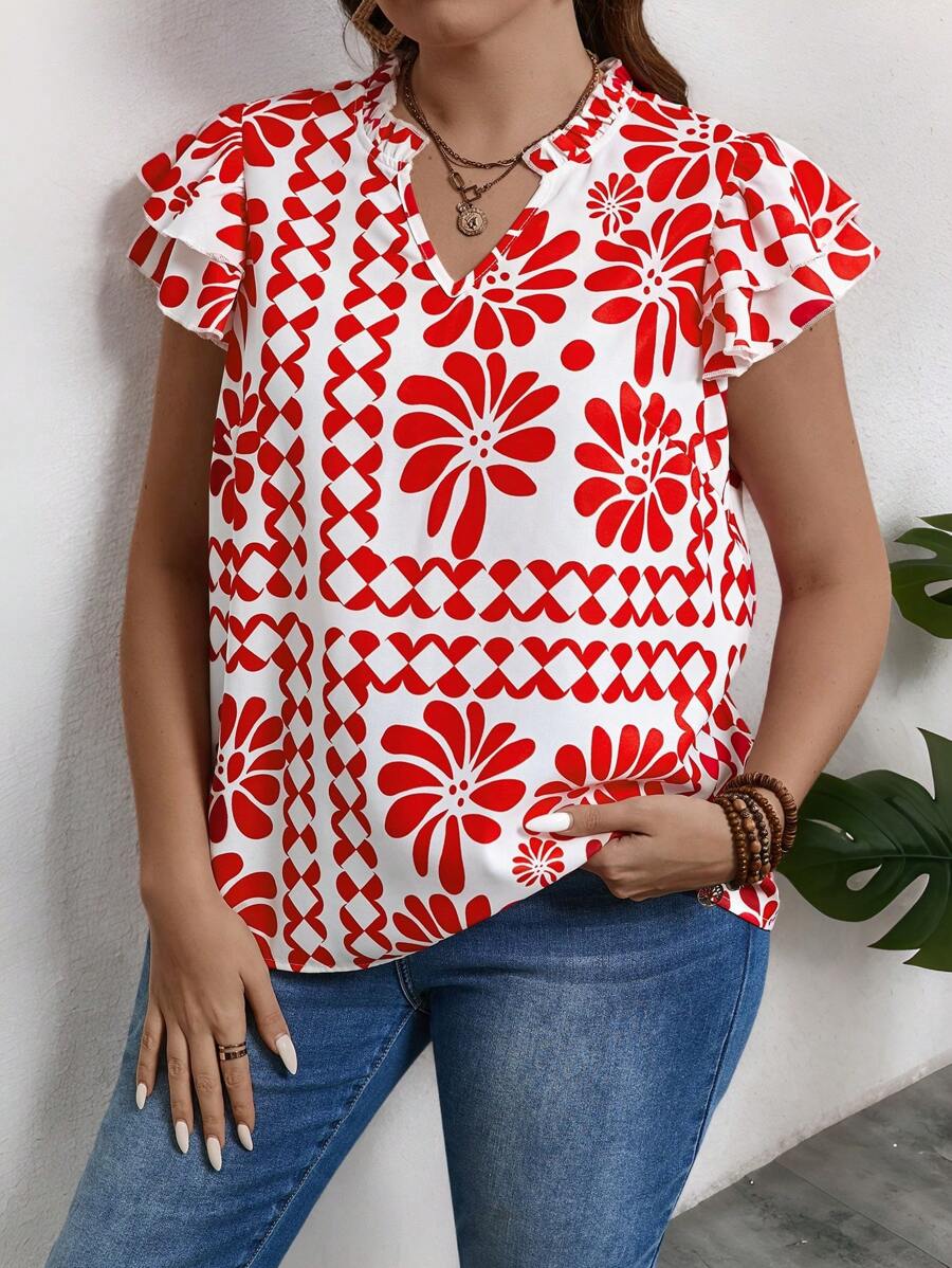SHEIN LUNE بلوزة كاجوال بأكمام قصيرة للنساء ، أنيقة للاستخدام في العطلات والارتداء اليومي - الأحمر - مشاهدة 1
