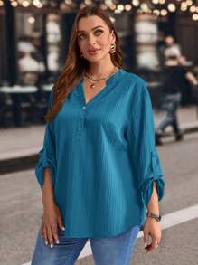 EMERY ROSE Plus Size Solid Color Notched Neck Roll Up Sleeve Casual Blouse , Summer For Women Fall - Blue - View 3
