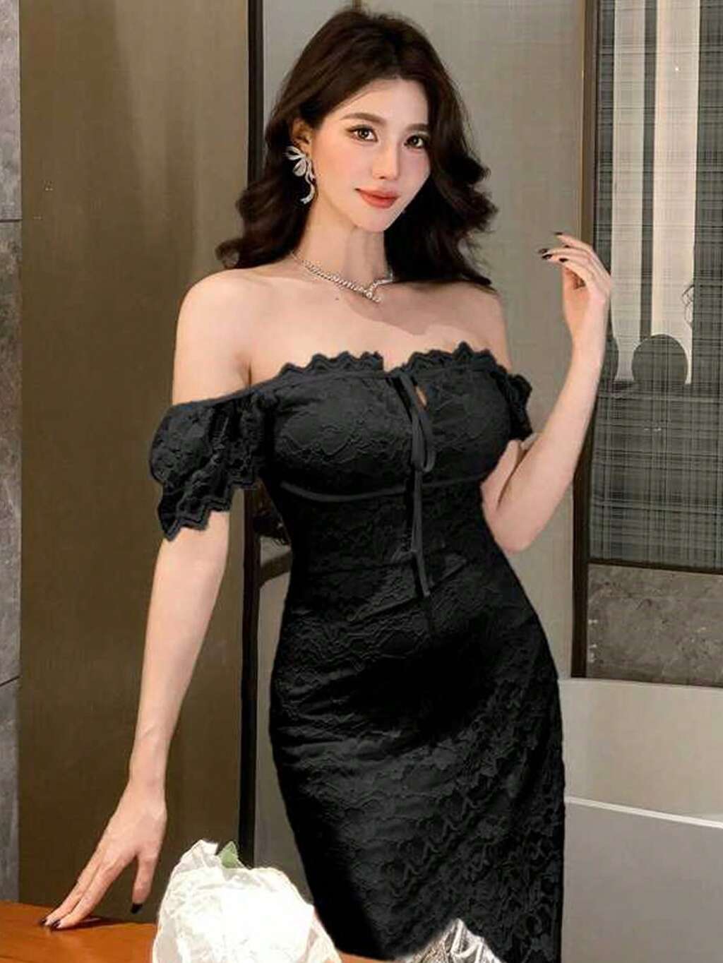 Damen elegantes einfarbiges Spitzenkleid in Midi-Länge, Kleid für Hochzeiten