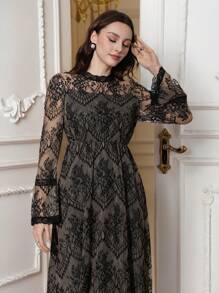 Modelyn Vestido transparente con mangas acampanadas de encaje elegante para mujeres - Caqui - Ver 7