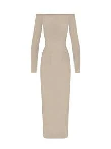 INAWLY Women Elegant Solid Off Shoulder Bodycon Dress Fall Cloth For Women - Beige - View 3