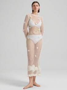 Ontre 女士纯色 3D 花卉装饰圆领长袖镂空针织连衣裙，浪漫度假，罩衫，海岛度假风格，优雅度假，浪漫 3D 花朵 - 白色 - 查看 4