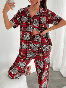 RueChic Women 2 Pcs Contrast Colour Button Front Detail With Plaid&Leopard Bear Pattern Homewear PJ Set - Red - View 5