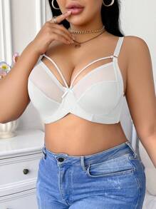 1pc Plus Size Women Solid Color Bow Decor Wire Lingerie Bra - White - View 5