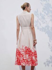 Aveloria Modichic Elegant Chic Commuter Versatile Fashion Top Crossed Waist Button Design Floral Printed Sleeveless Dress For Women