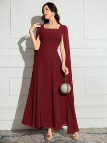Modelyn 女士纯色方领长袖简约休闲长裙长款晚礼服 - 酒紅色 - 查看 3