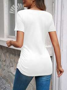 SHEIN LUNE Dames effen V-hals T-shirt met korte mouwen, minimalistisch en modieus, geschikt voor de zomer