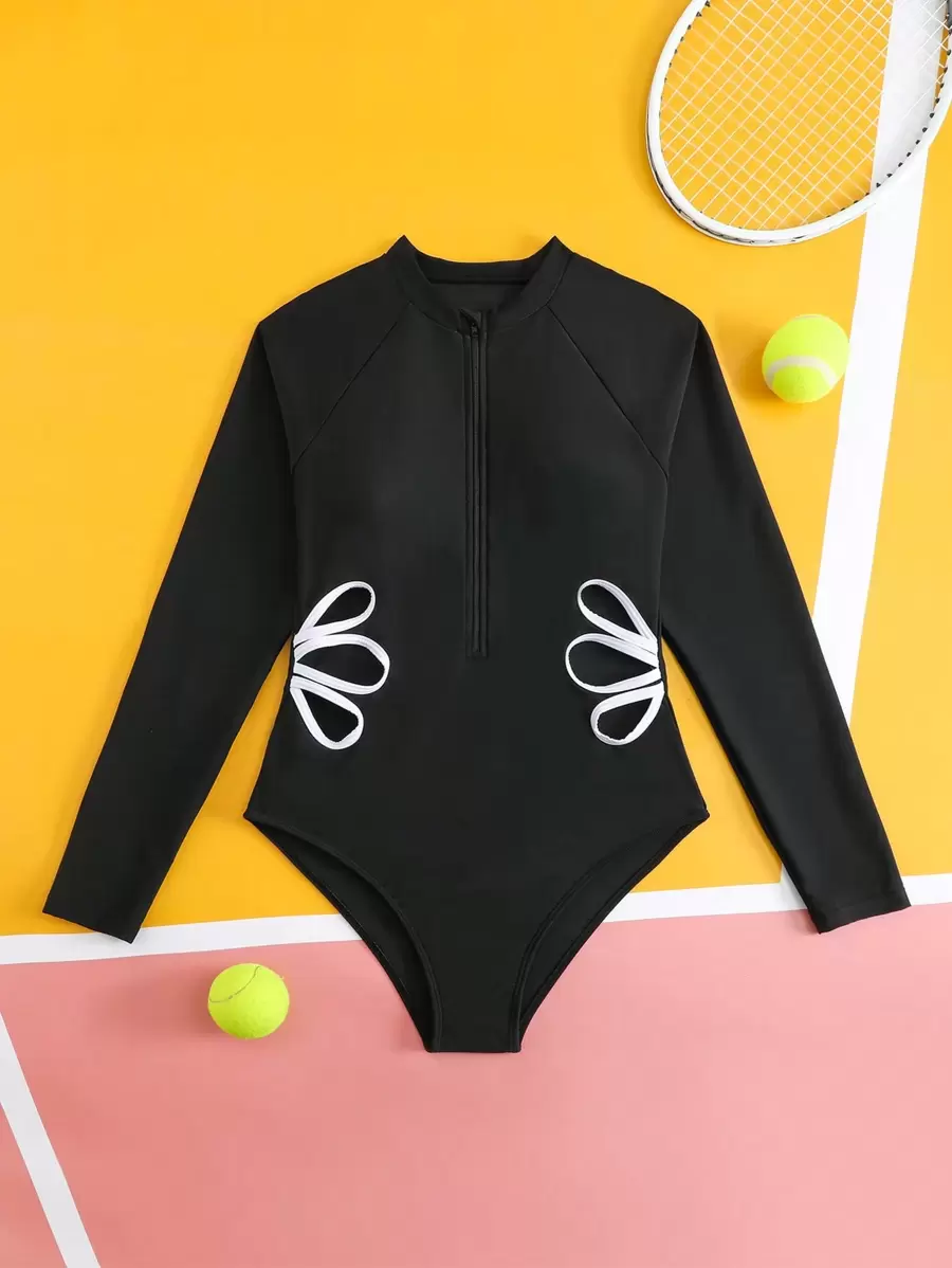 SHEIN Đồ bơi một mảnh dài tay in hoa có khóa kéo phía trước một phần cho bé gái tuổi teen - Đen và trắng - Xem 1