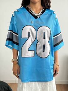 SHEIN EZwear T-shirt de football avec graphiques numérotés pour femmes - Bleu azur - Voir 3