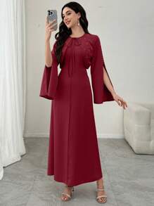 Modelyn 2 件套女士优雅短款夹克带钻石 + 修身紧身连衣裙套装，春夏 - 酒紅色 - 查看 4