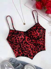 SHEIN EZwear 针织豹纹吊带背心，女式修身短款 - 紅色 - 查看 1