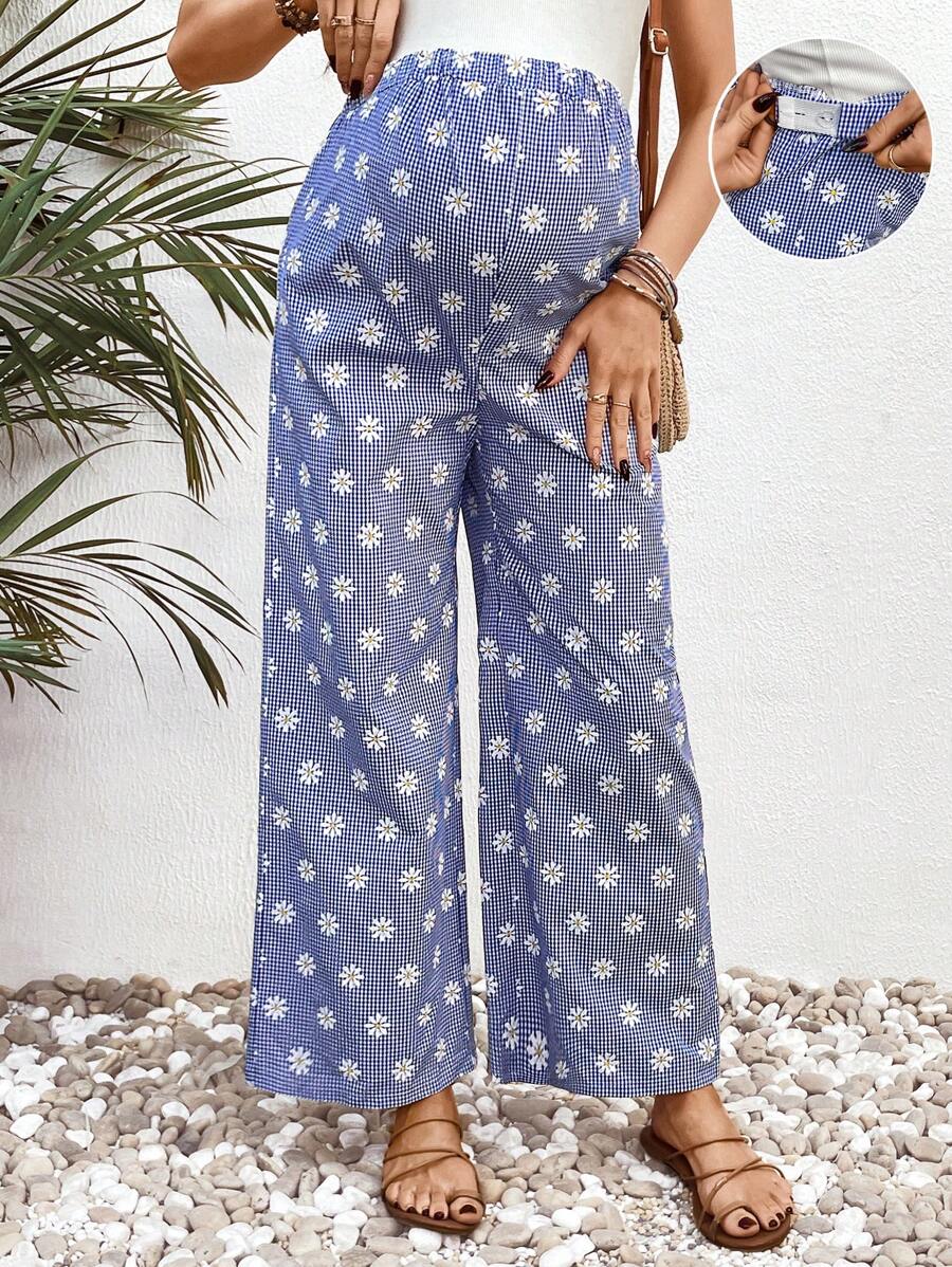 SHEIN Maternity Ditsy Floral Simple Style Casual Pants, Daily Wear - Blue - View 1