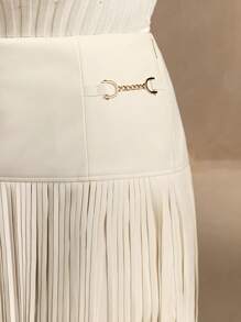 Anewsta Elegant, Casual, Vacation Curve-Fit High-Waist Beige Soft Leather Long Fringe Skirt For Women
