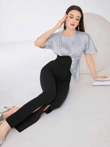 Modelyn 2 件套女士优雅不对称拼色圆领修身短袖上衣和前开叉紧身裤套装 - 淺藍色 - 查看 6