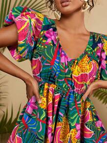 Travachic Summer Beach Woman Tropical Print Butterfly Sleeve Dress - Navy Blue - View 5
