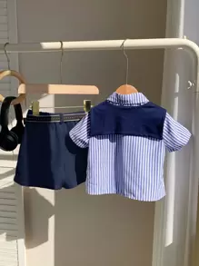 SHEIN 4 件装男婴夏季可爱条纹短袖衬衫、松紧腰短裤、披肩、男士服装（配腰带）适合生日派对、晚会、表演、婚礼、一个月庆典、生日、婴儿洗礼 - 彩色 - 查看 2