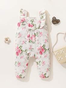 SHEIN Floral Print Ruffled Collar Sleeveless Romper For Baby Girls Toddler, Suitable For Spring/Summer Outings, Vacation And Daily Wear
