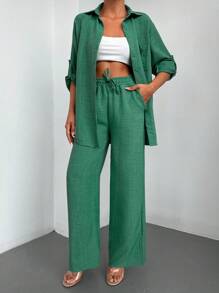 RueChic Solid Button Front Shirt & Drawstring Waist Wide Leg Trousers - Green - View 1