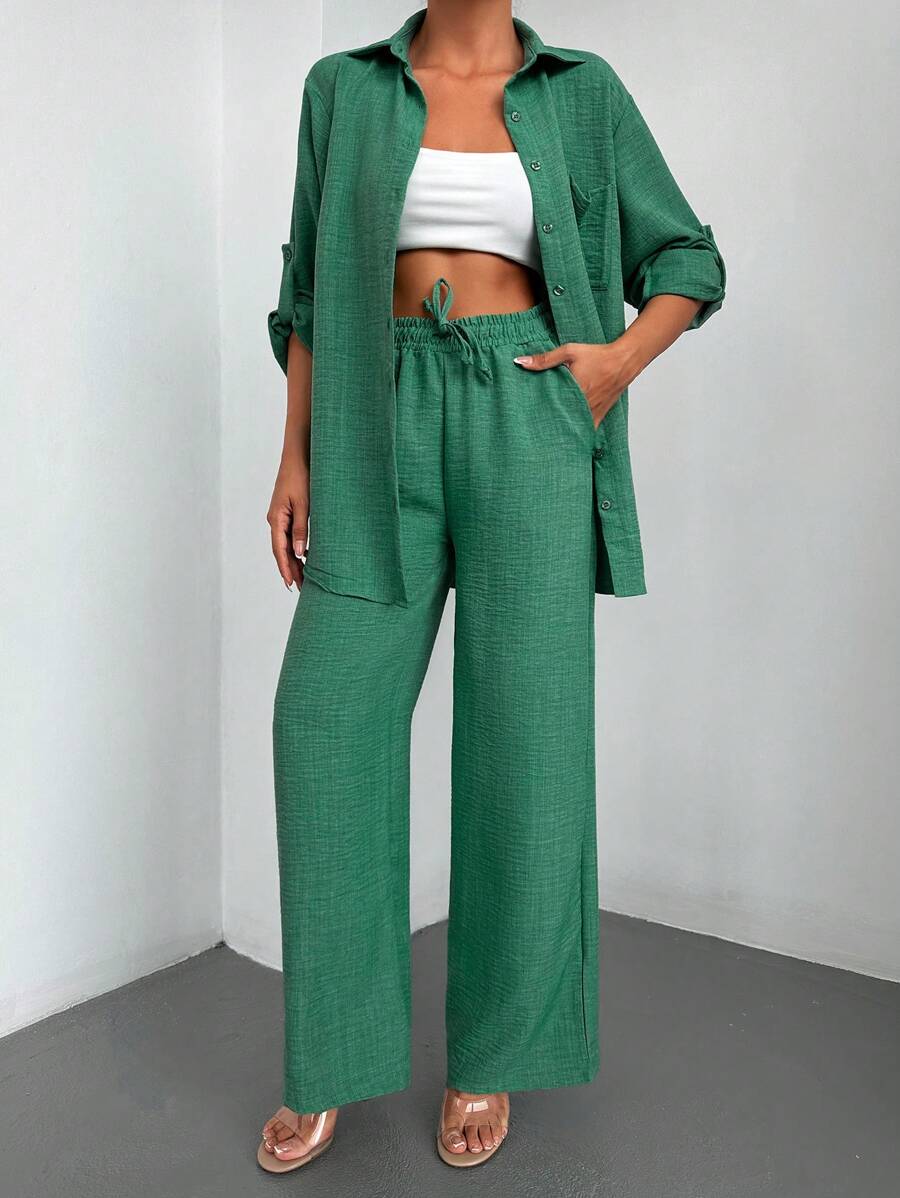 RueChic Solid Button Front Shirt & Drawstring Waist Wide Leg Trousers - Green - View 1