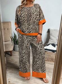 SHEIN LUNE Bộ 2 chiếc áo thun tay ngắn cổ tròn họa tiết da báo cỡ lớn cho nữ và quần dài, lễ hội, tiền cũ - Nhiều màu - Xem 3