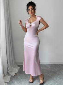 Elenzga Women's Woven Regular Elegant Summer Long Dress - Pink - View 5