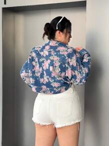 SHEIN EZwear 大码花卉印花短款牛仔夹克，休闲，春夏 - 彩色 - 查看 2