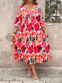 SHEIN Clasi Plus Size Women's Colorful Floral Print Beach Dress - Multicolor - View 6
