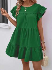 Balvessa Đầm babydoll rộng rãi cổ tròn màu trơn mùa hè cho nữ có viền bèo nhún trang phục đi biển - Màu xanh lá cây đậm - Xem 4