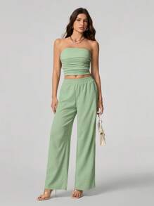 SHEIN Tall Ladies" Solid Color Textured Fabric Strapless Top And Pants Set For Summer