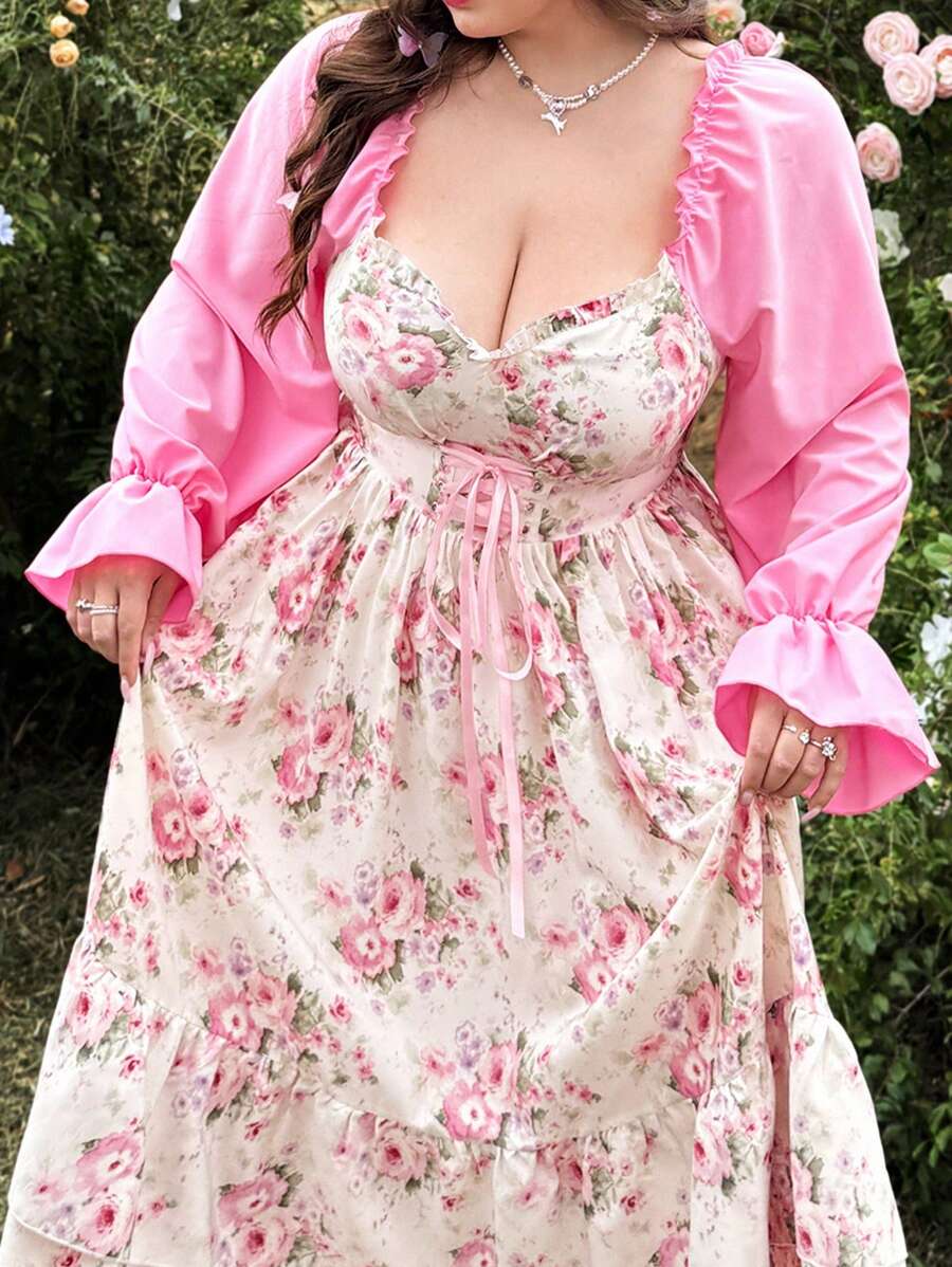 Flirla Vestido de gasa con estampado floral romántico y elegante, cuello en V, cintura tableada y volante, estilo gracioso para vacaciones - Multicolor - Ver 1