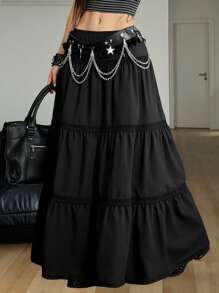SHEIN EZwear Women's Spring And Summer Country Festival Outfits Vintage Ruffle Lace Maxi Skirt
