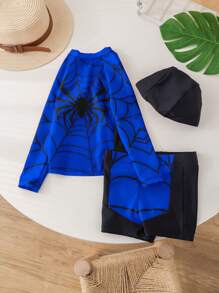SHEIN 3pcs/Set Baju Renang Anak Laki-Laki Motif Laba-laba & Superhero Lucu Lengan Panjang, Celana Pendek, dan Topi, Cocok untuk Musim Panas, Pantai, Rekreasi, Berenang, Musim Semi - Royal Blue - View 7