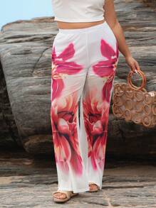 SHEIN VCAY Pantalones con estampado floral talla grande, casuales y elegantes, adecuados para el verano, la playa y las vacaciones tropicales para mujer - Blanco - Ver 6