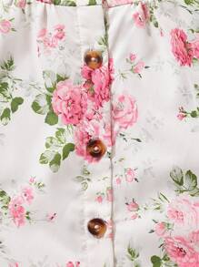 SHEIN Floral Print Ruffled Collar Sleeveless Romper For Baby Girls Toddler, Suitable For Spring/Summer Outings, Vacation And Daily Wear