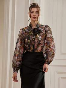 Aveloria Rosie Multicolor Floral Rose Colorblock Organza Puff Sleeve Sheer Sexy Elegant Delicate Vintage Collar Bowknot Cuff Women Long Sleeve Blouse