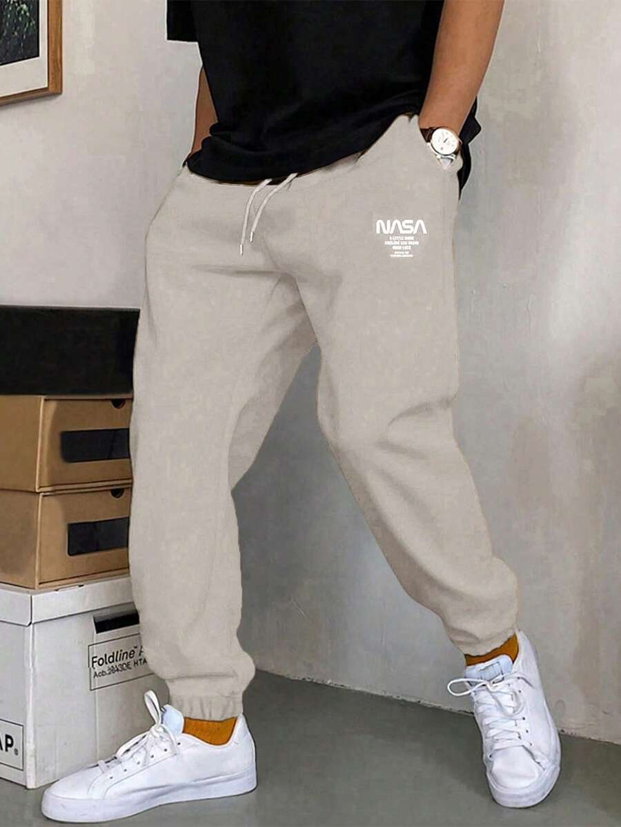 SHEIN Cottnline Cotton Men's Drawstring Waistband With Letter Pattern Sweatpants - Camel - View 1