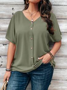 EMERY ROSE Plus Size Women's Orange Button Embellished Short Sleeve Shirt For Spring - Mint Green - View 1