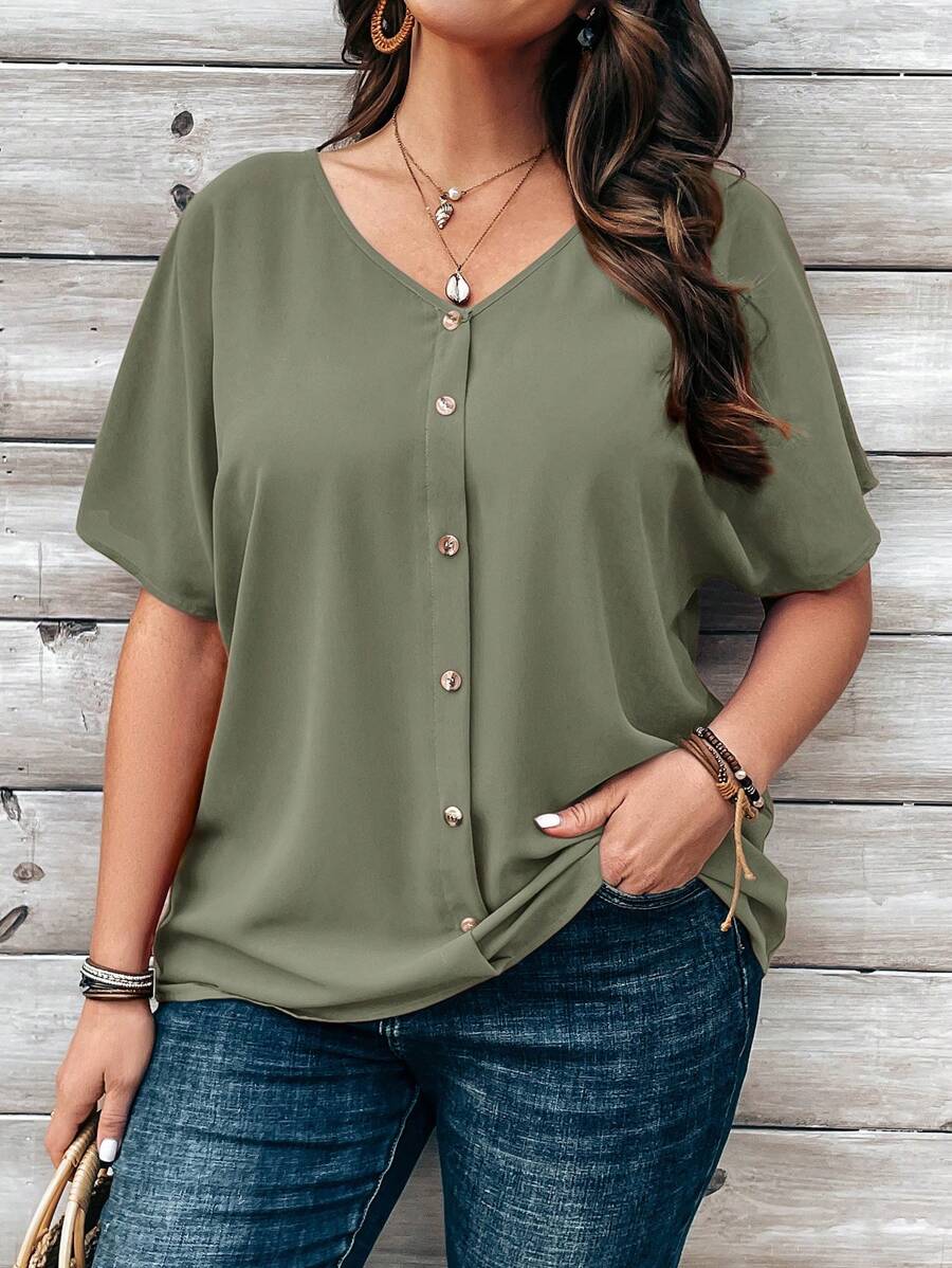 EMERY ROSE Plus Size Women's Orange Button Embellished Short Sleeve Shirt For Spring - Mint Green - View 1