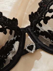 Set de 2 piezas de lencería sexy para mujer con bordado de strass en forma de corazón negro