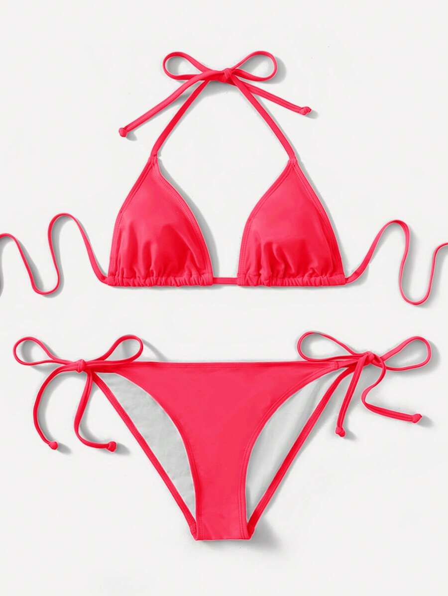 SHEIN Swim 两件套纯色比基尼泳装，适合海滩度假 - 粉色 - 查看 1