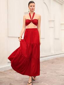 Femmeiva 1set Women's Sexy Romantic Vacation Style Strapless Backless Tank Top And Long Ruffle Hem Skirt Two Pieces Set   Old Money Style For Summer - Multicolor - View 1