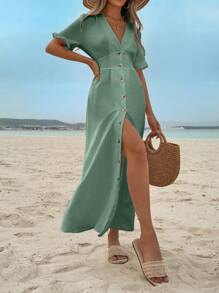 Robe à volants de couleur unie avec boutons devant pour femmes