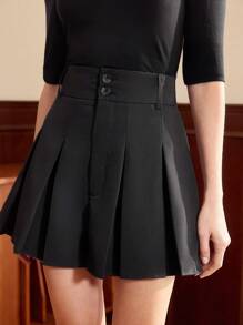 Vintamour Retro Elegant Women's Pleated Buttoned Shorts, Figure-Flattering, Black, Spring/Summer Summer Outfits For Women Shorts For Women Business Casual Woman Skort Office Outfits For Women Work Clothes Women Brunch Outfits For Women Old Money Style Women High Waisted Shorts Tropical Vacation Woman Clothes Skort Festival Outfits For Women Skorts For Women 1960s Outfit