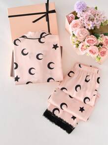 Teen Girl Simple Moon Pattern Collar Button Lace Trim Relaxed Woven 2 Pieces Pajama Set, Graduation Pajamas - Baby Pink - View 2